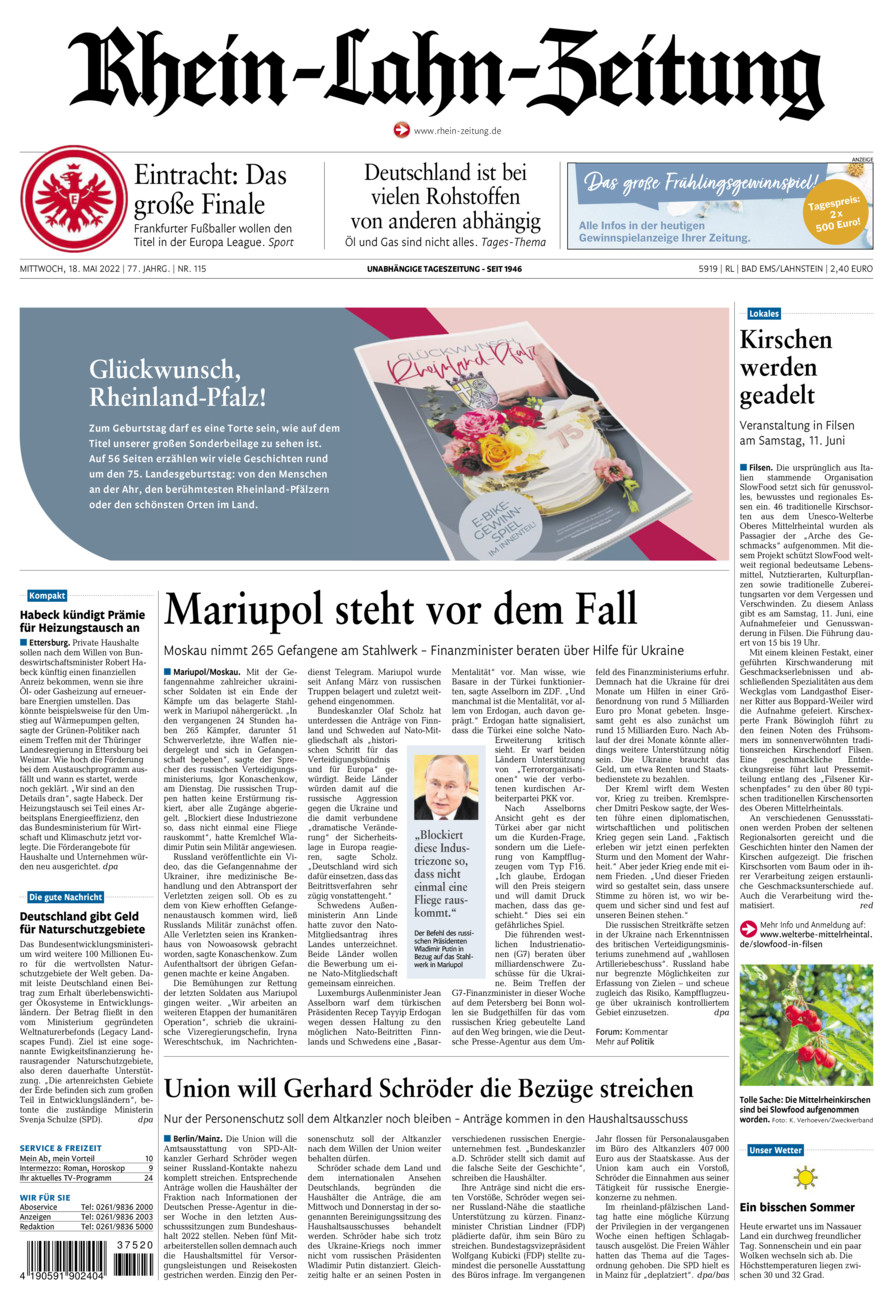 Rhein-Lahn-Zeitung vom Mittwoch, 18.05.2022