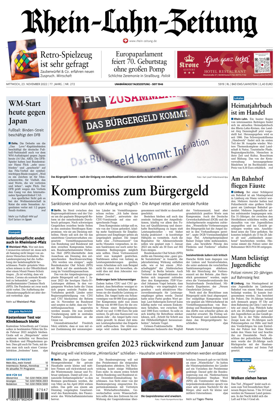 Rhein-Lahn-Zeitung vom Mittwoch, 23.11.2022