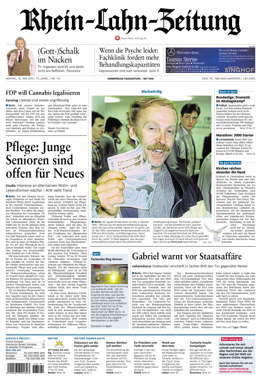 Rhein-Lahn-Zeitung vom Montag, 18.05.2015