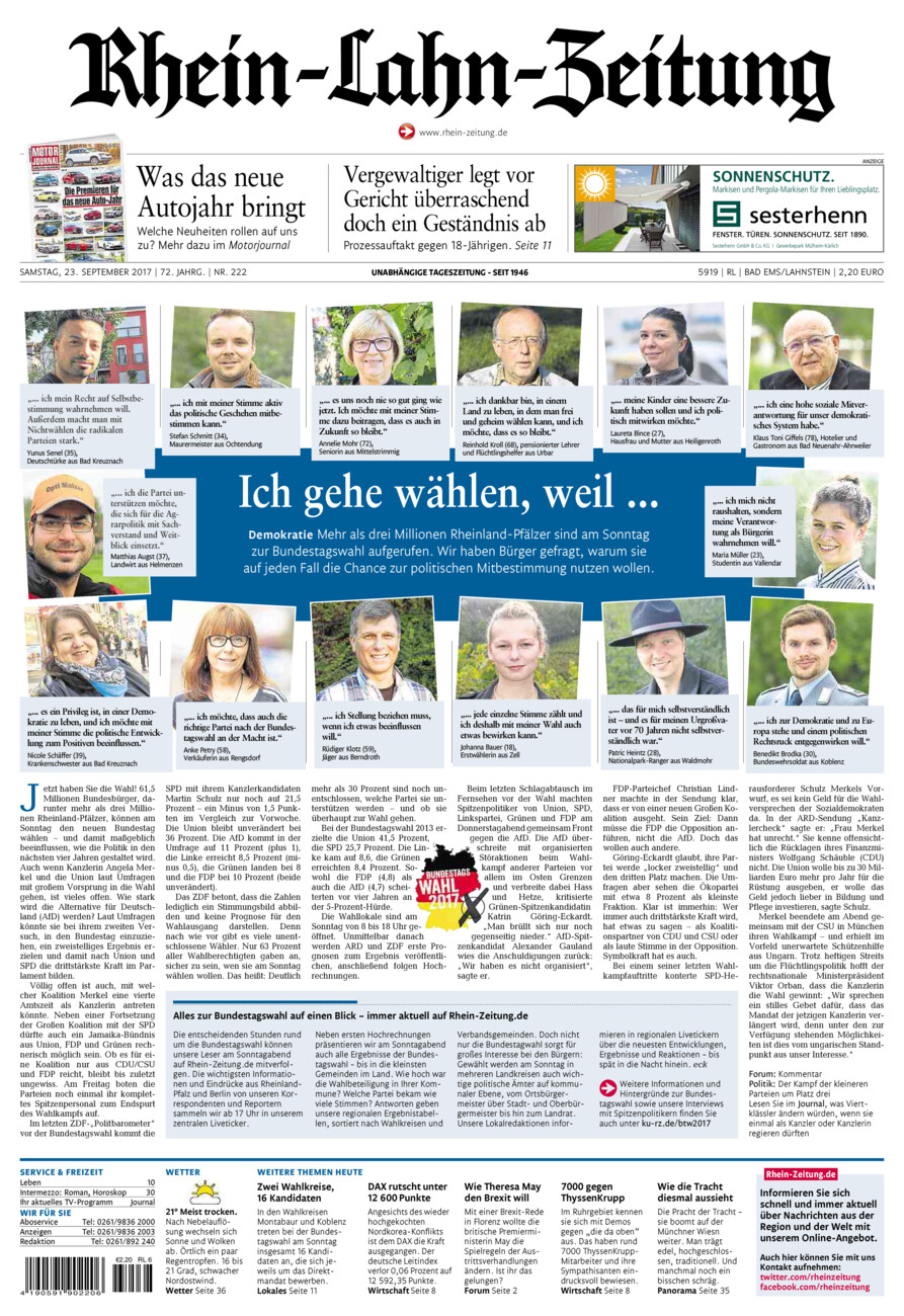 Rhein-Lahn-Zeitung vom Samstag, 23.09.2017