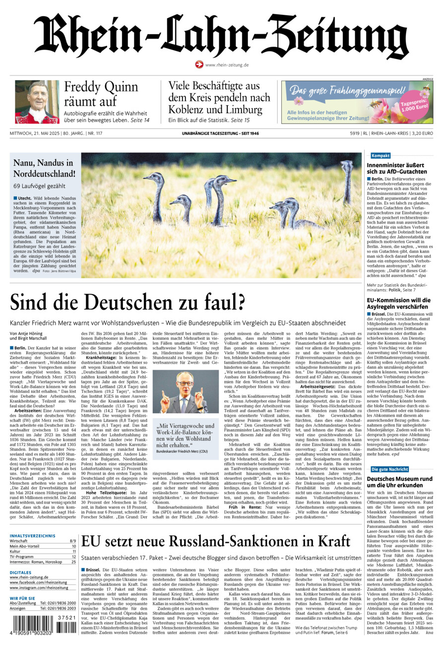 Rhein-Lahn-Zeitung vom Mittwoch, 21.05.2025