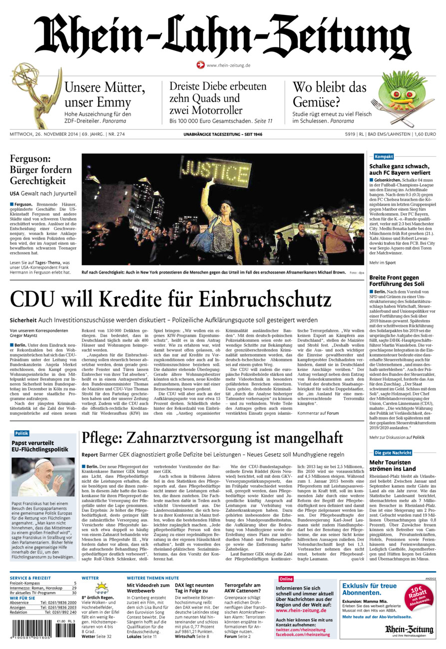 Rhein-Lahn-Zeitung vom Mittwoch, 26.11.2014