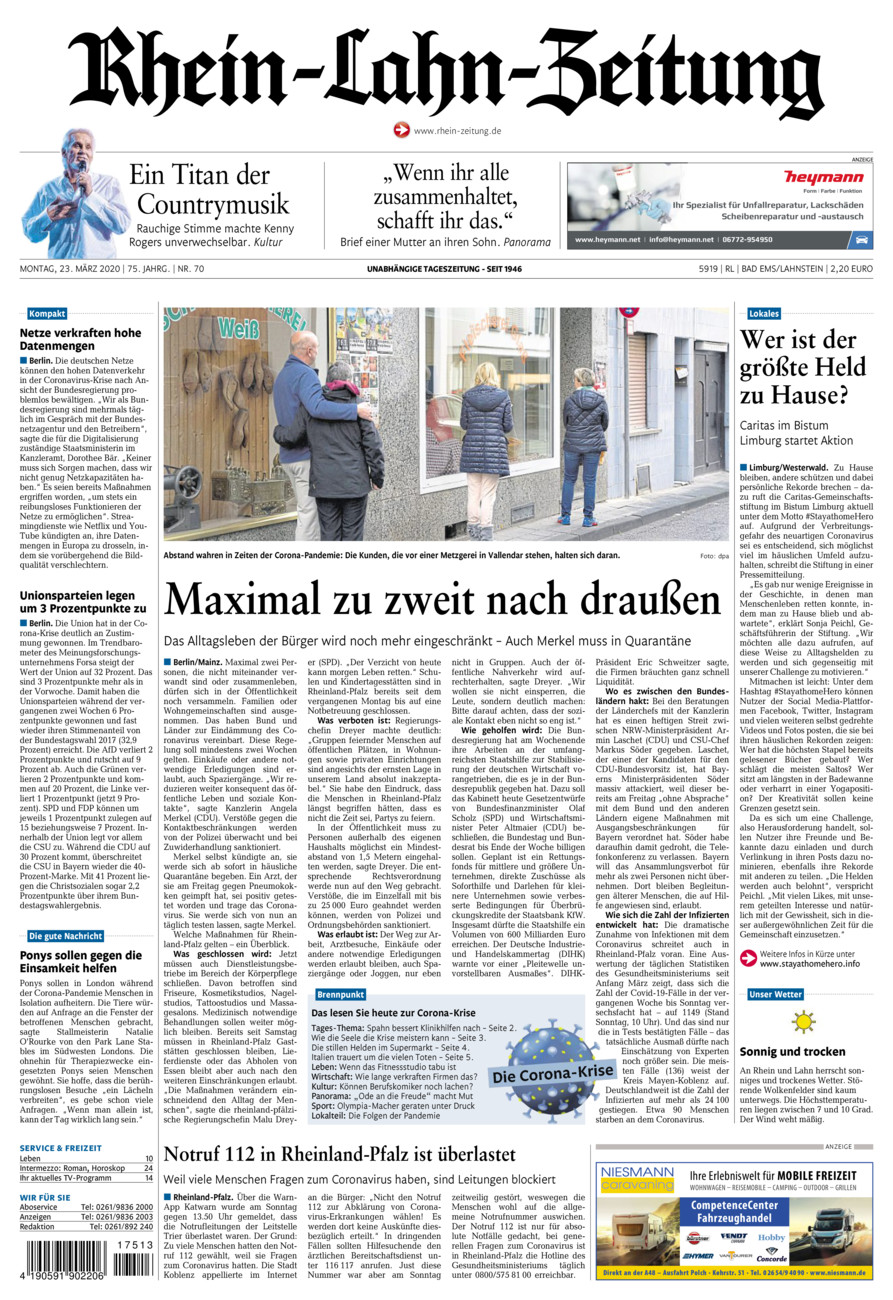 Rhein-Lahn-Zeitung vom Montag, 23.03.2020