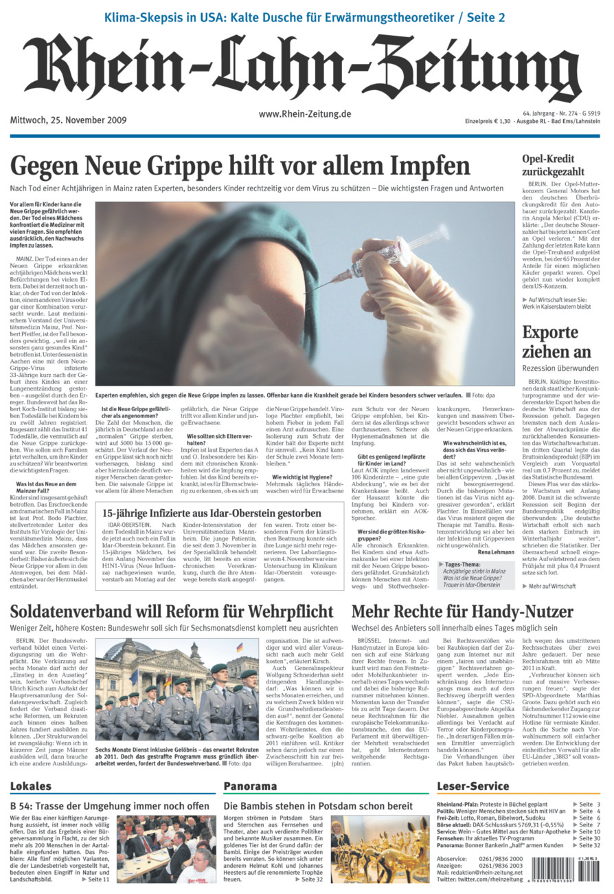 Rhein-Lahn-Zeitung vom Mittwoch, 25.11.2009
