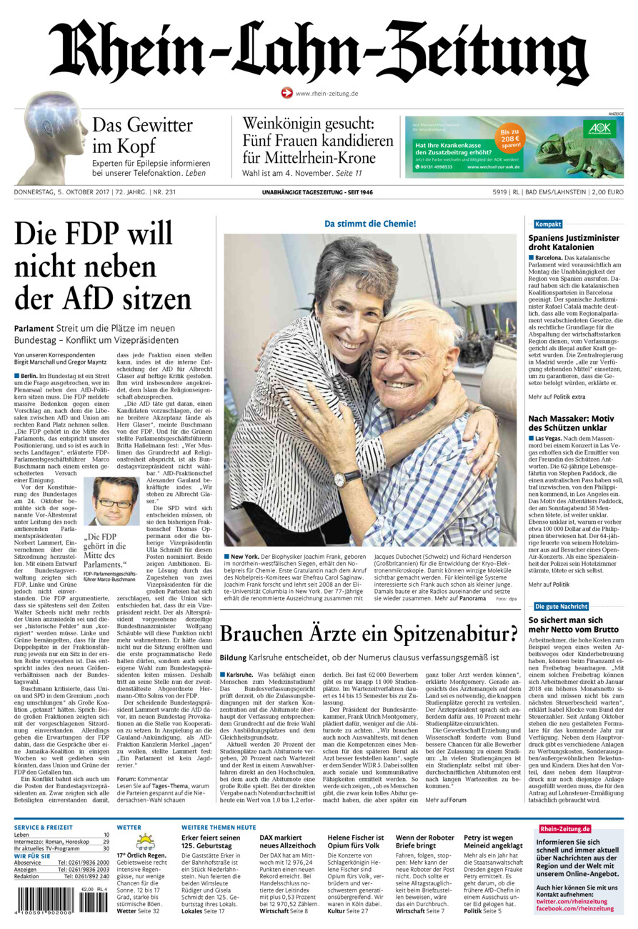 Rhein-Lahn-Zeitung vom Donnerstag, 05.10.2017