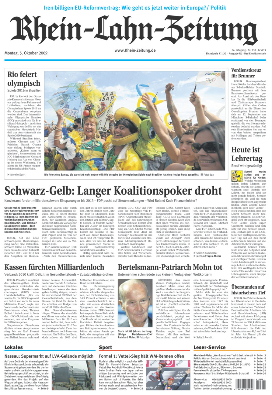 Rhein-Lahn-Zeitung vom Montag, 05.10.2009