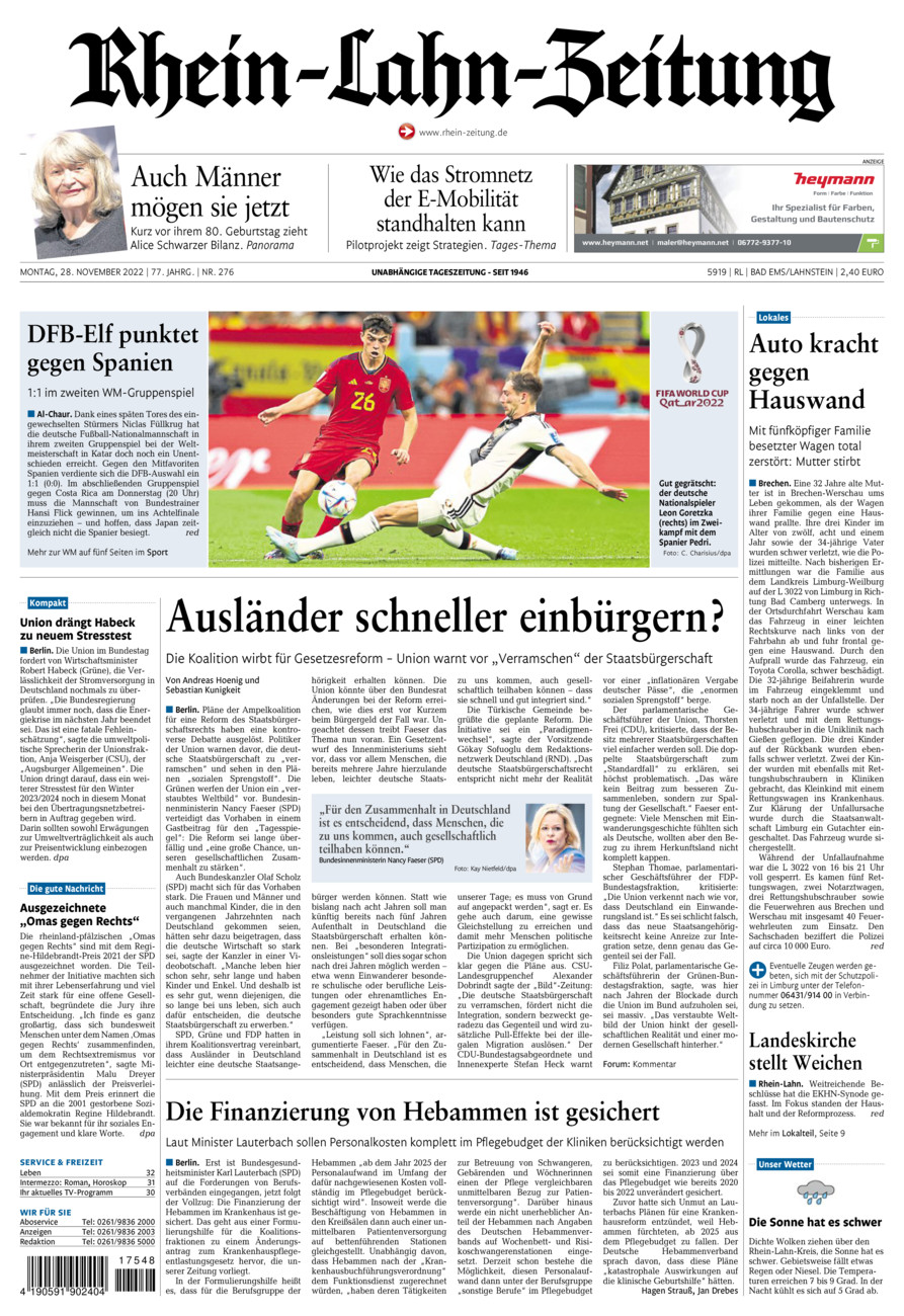 Rhein-Lahn-Zeitung vom Montag, 28.11.2022