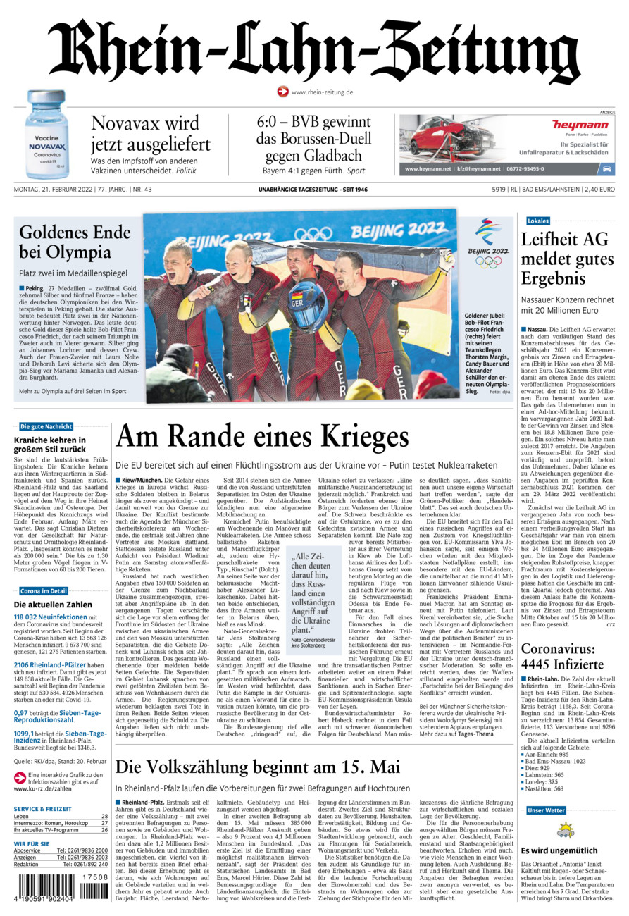 Rhein-Lahn-Zeitung vom Montag, 21.02.2022