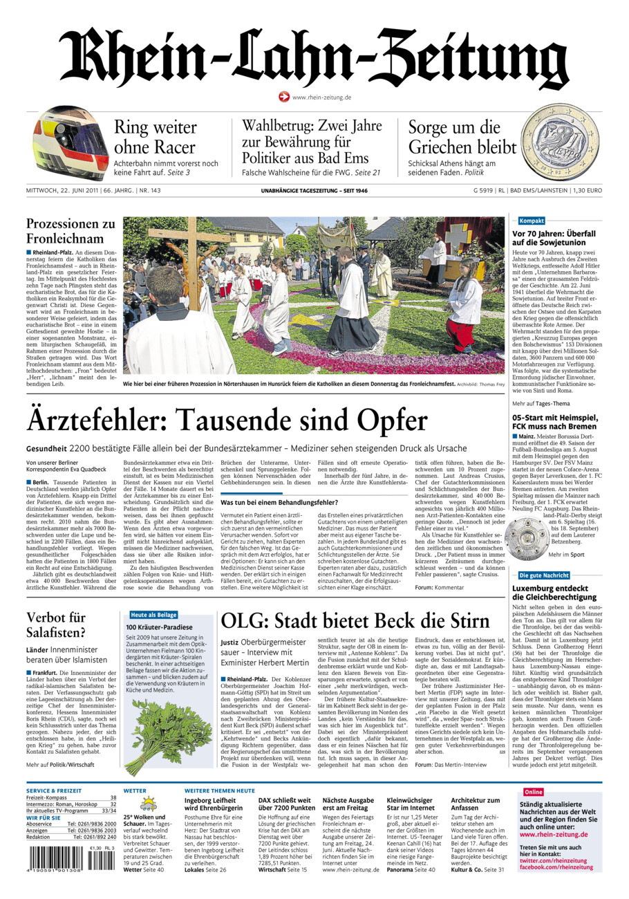 Rhein-Lahn-Zeitung vom Mittwoch, 22.06.2011