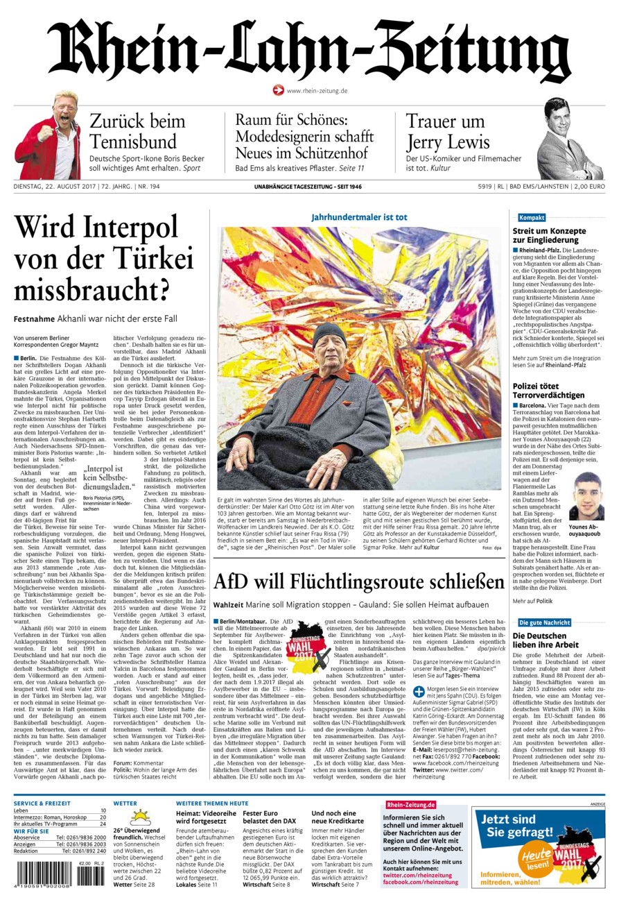 Rhein-Lahn-Zeitung vom Dienstag, 22.08.2017