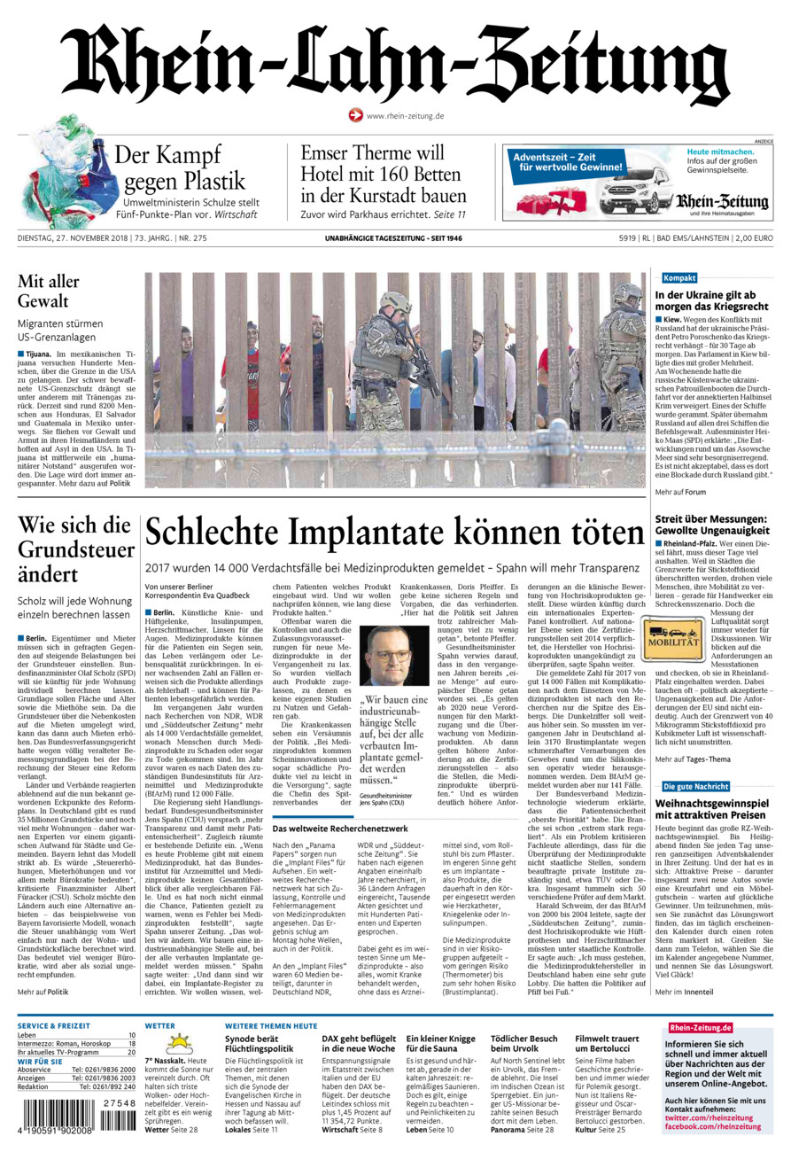 Rhein-Lahn-Zeitung vom Dienstag, 27.11.2018