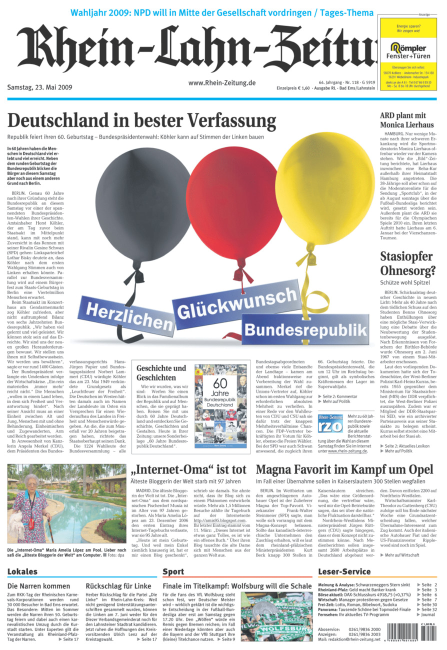 Rhein-Lahn-Zeitung vom Samstag, 23.05.2009