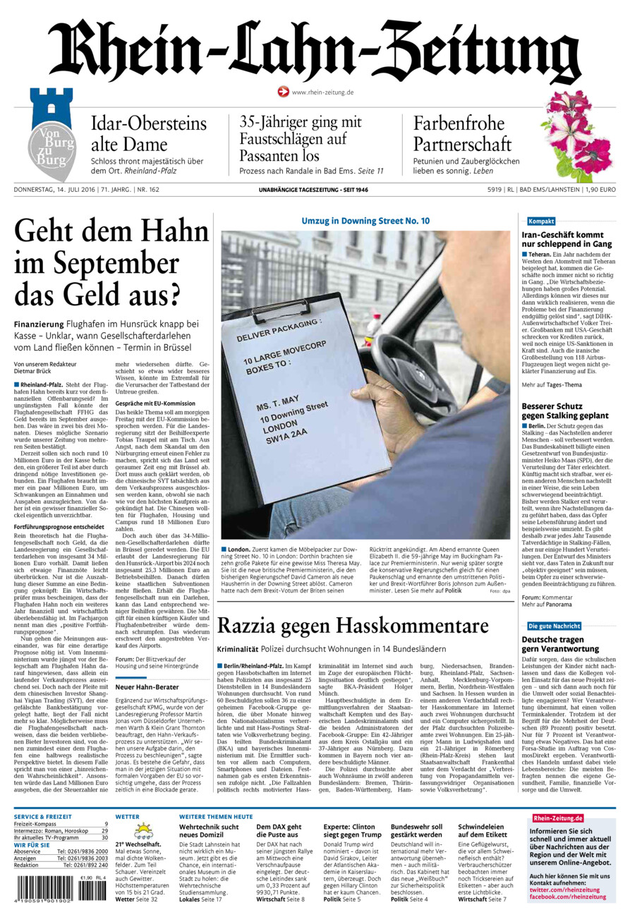 Rhein-Lahn-Zeitung vom Donnerstag, 14.07.2016