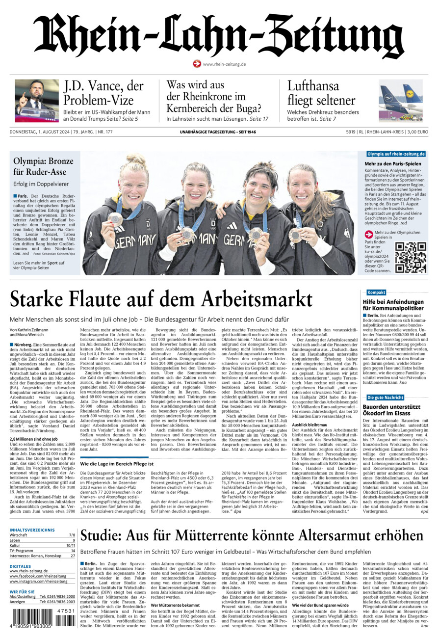 Rhein-Lahn-Zeitung vom Donnerstag, 01.08.2024