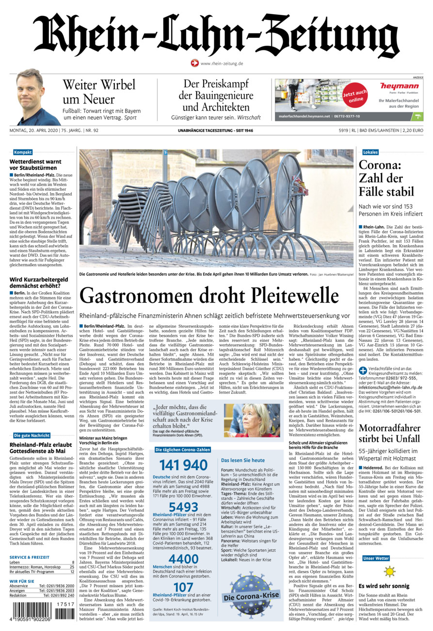 Rhein-Lahn-Zeitung vom Montag, 20.04.2020
