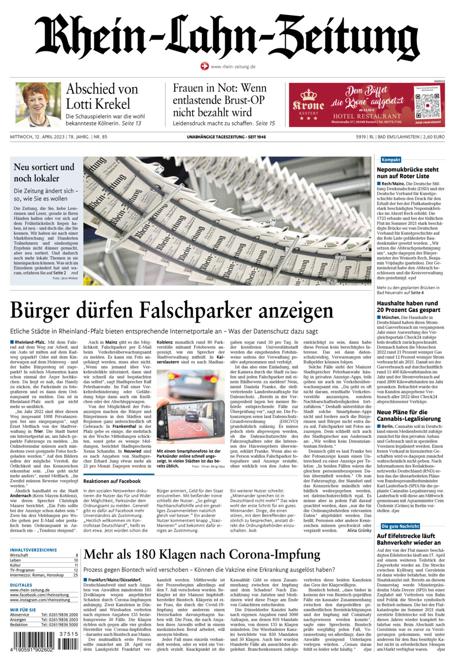Rhein-Lahn-Zeitung vom Mittwoch, 12.04.2023