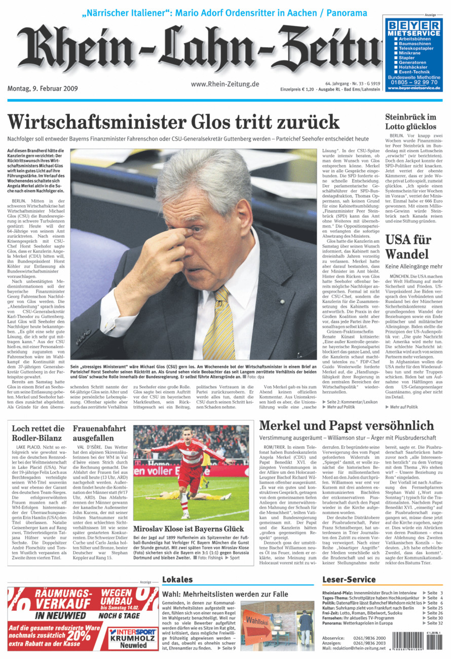 Rhein-Lahn-Zeitung vom Montag, 09.02.2009