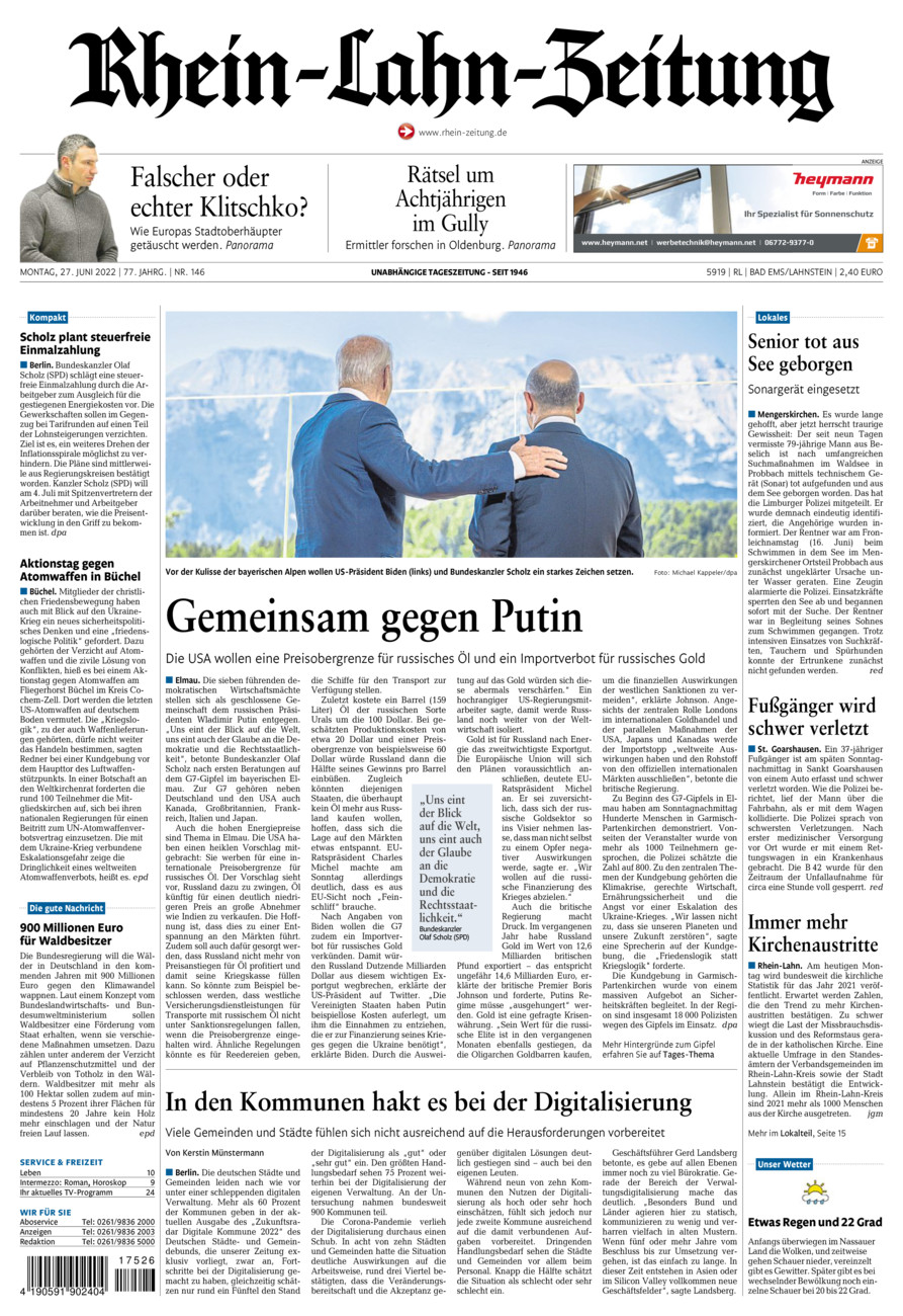 Rhein-Lahn-Zeitung vom Montag, 27.06.2022