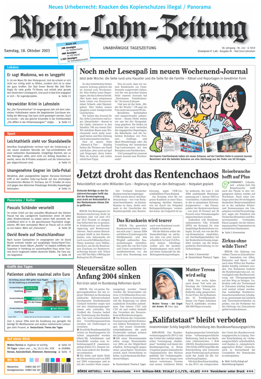 Rhein-Lahn-Zeitung vom Samstag, 18.10.2003