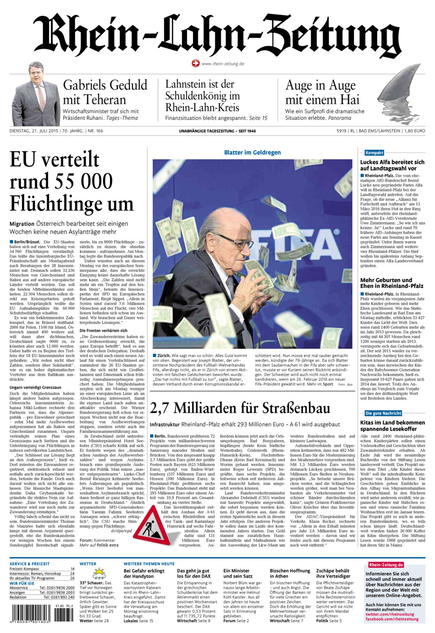 Rhein-Lahn-Zeitung vom Dienstag, 21.07.2015