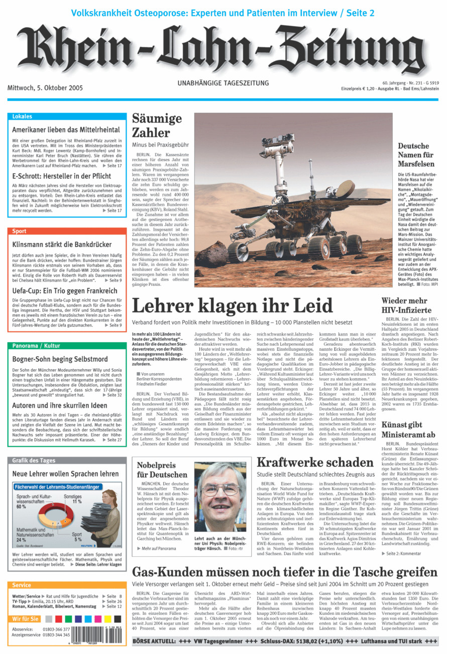 Rhein-Lahn-Zeitung vom Mittwoch, 05.10.2005