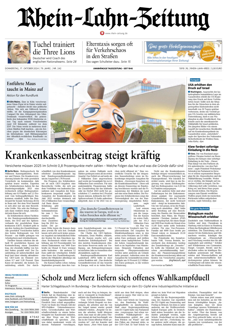 Rhein-Lahn-Zeitung vom Donnerstag, 17.10.2024