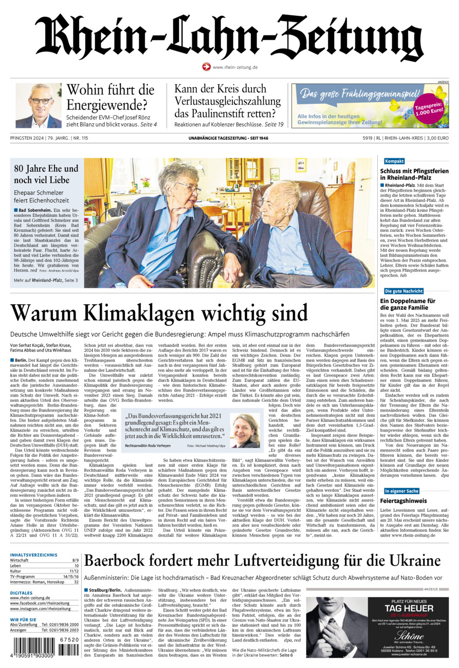 Rhein-Lahn-Zeitung vom Samstag, 18.05.2024