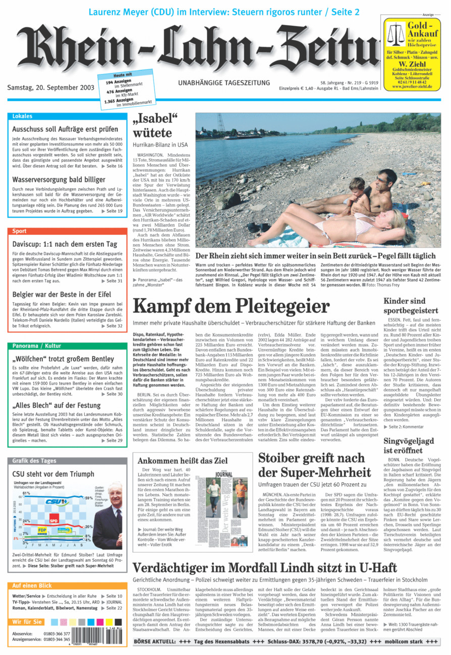 Rhein-Lahn-Zeitung vom Samstag, 20.09.2003