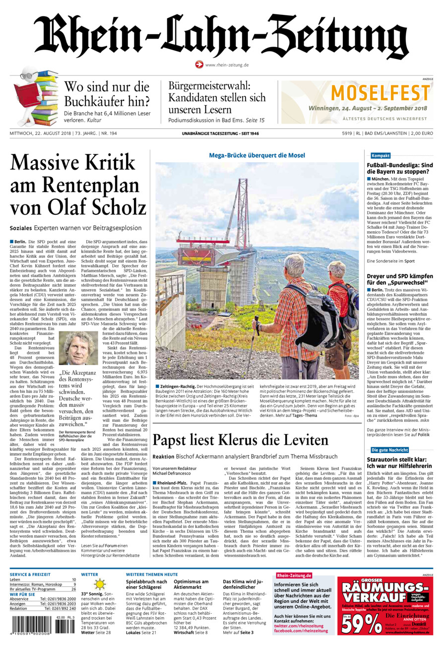 Rhein-Lahn-Zeitung vom Mittwoch, 22.08.2018