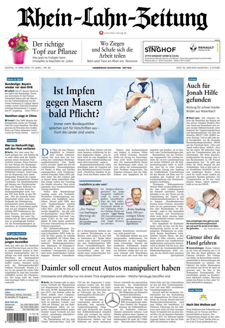 Rhein-Lahn-Zeitung vom Montag, 15.04.2019