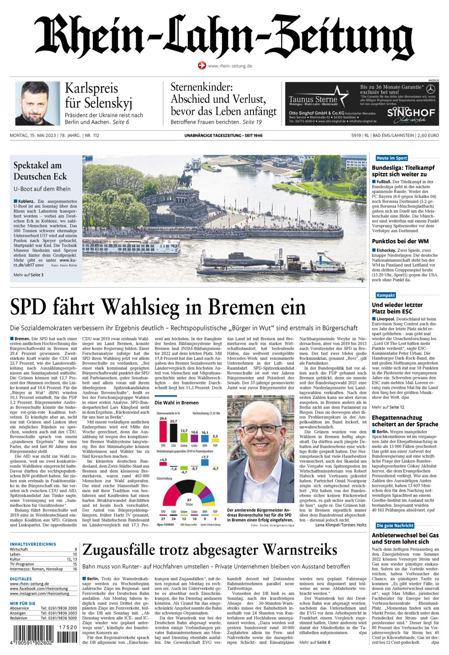 Rhein-Lahn-Zeitung vom Montag, 15.05.2023