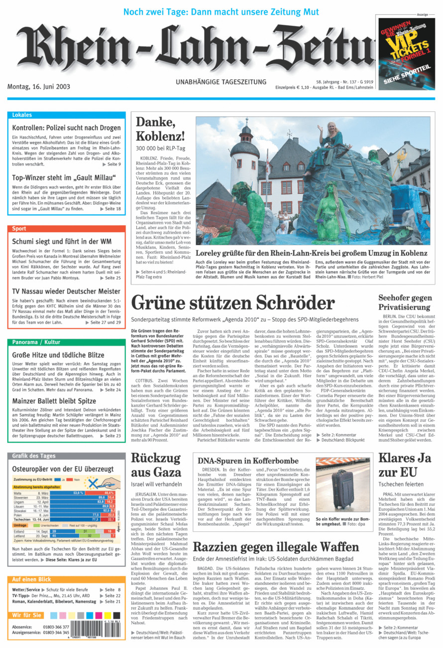 Rhein-Lahn-Zeitung vom Montag, 16.06.2003