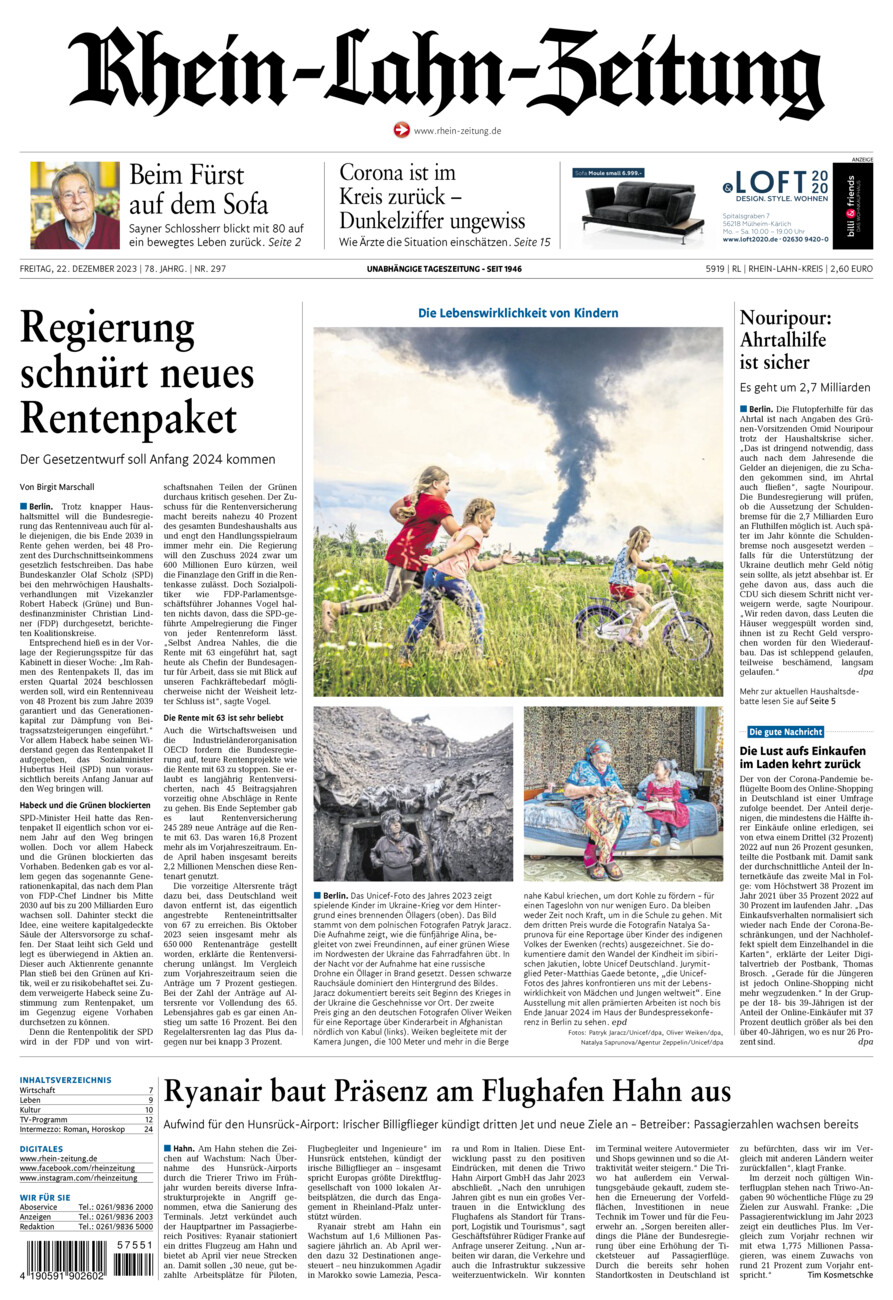 Rhein-Lahn-Zeitung vom Freitag, 22.12.2023