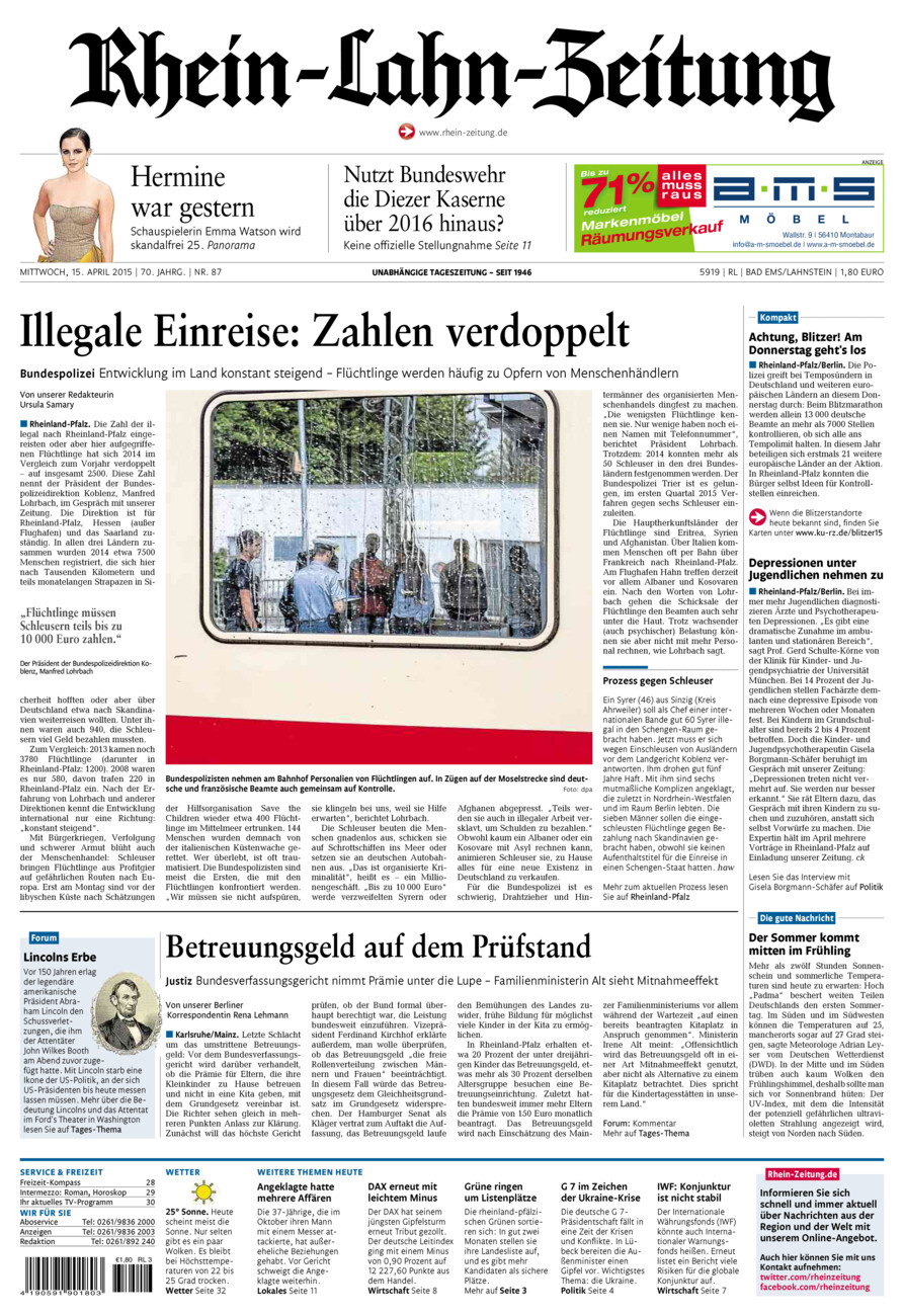 Rhein-Lahn-Zeitung vom Mittwoch, 15.04.2015