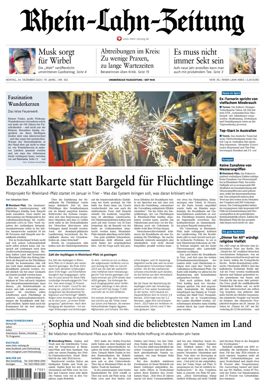 Rhein-Lahn-Zeitung vom Montag, 30.12.2024