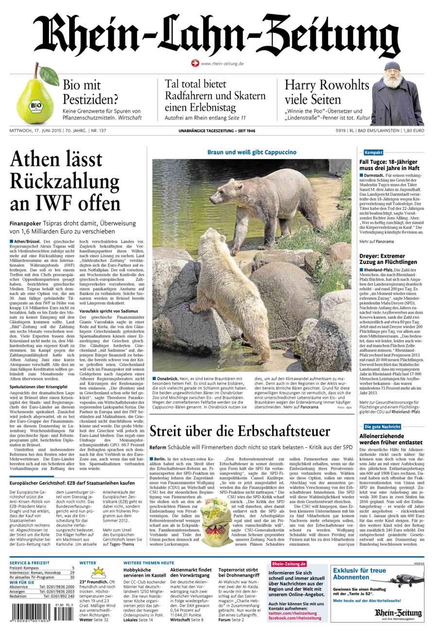 Rhein-Lahn-Zeitung vom Mittwoch, 17.06.2015