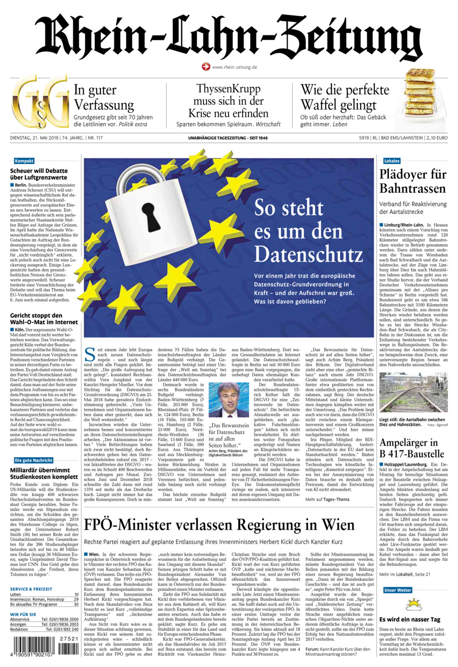 Rhein-Lahn-Zeitung vom Dienstag, 21.05.2019