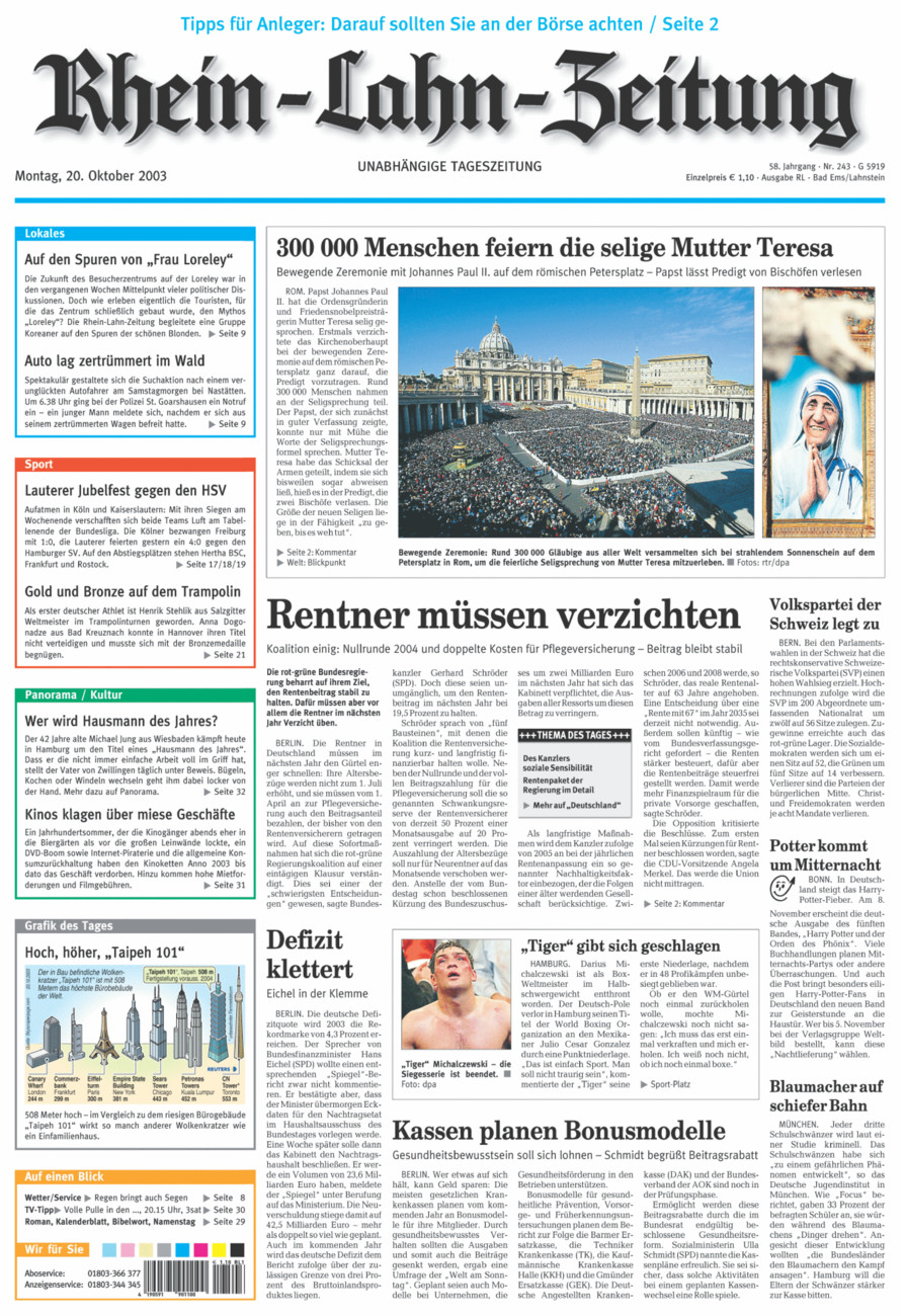 Rhein-Lahn-Zeitung vom Montag, 20.10.2003