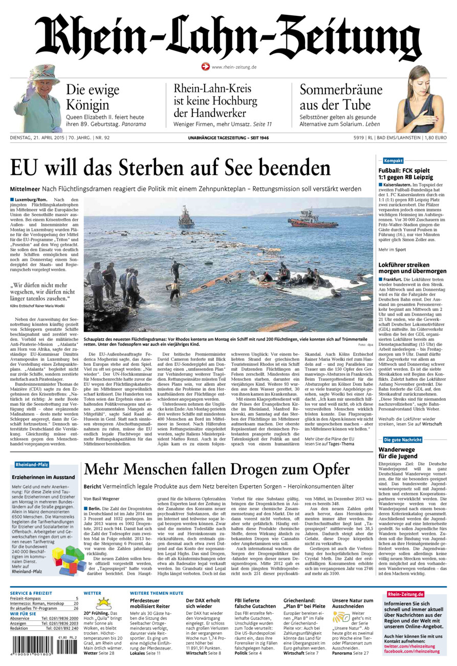 Rhein-Lahn-Zeitung vom Dienstag, 21.04.2015