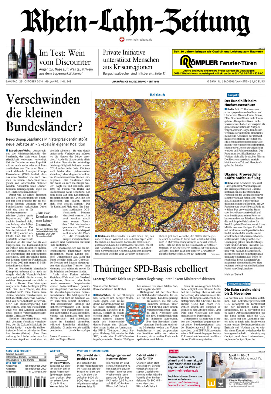 Rhein-Lahn-Zeitung vom Samstag, 25.10.2014