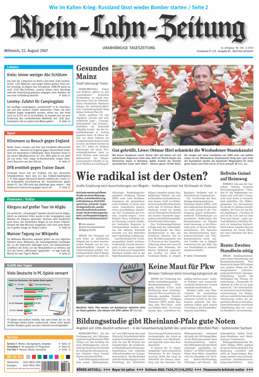Rhein-Lahn-Zeitung vom Mittwoch, 22.08.2007