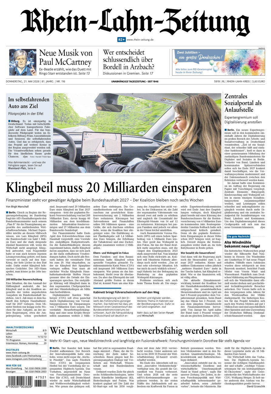Rhein-Lahn-Zeitung vom Donnerstag, 21.05.2026