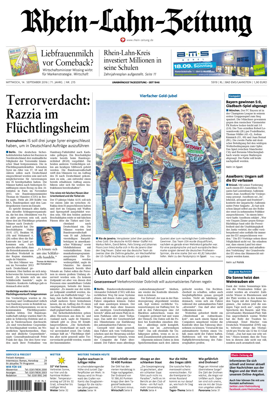 Rhein-Lahn-Zeitung vom Mittwoch, 14.09.2016