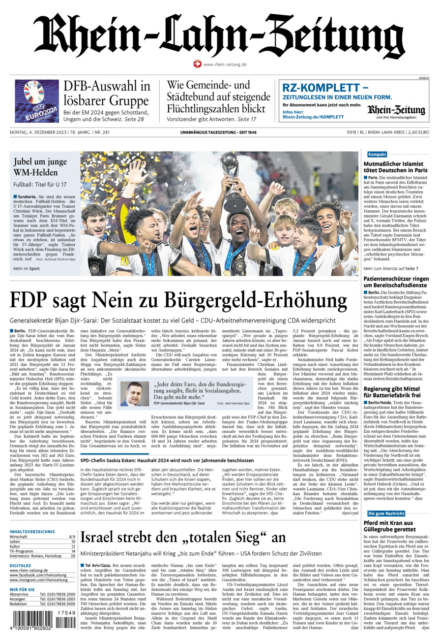 Rhein-Lahn-Zeitung vom Montag, 04.12.2023
