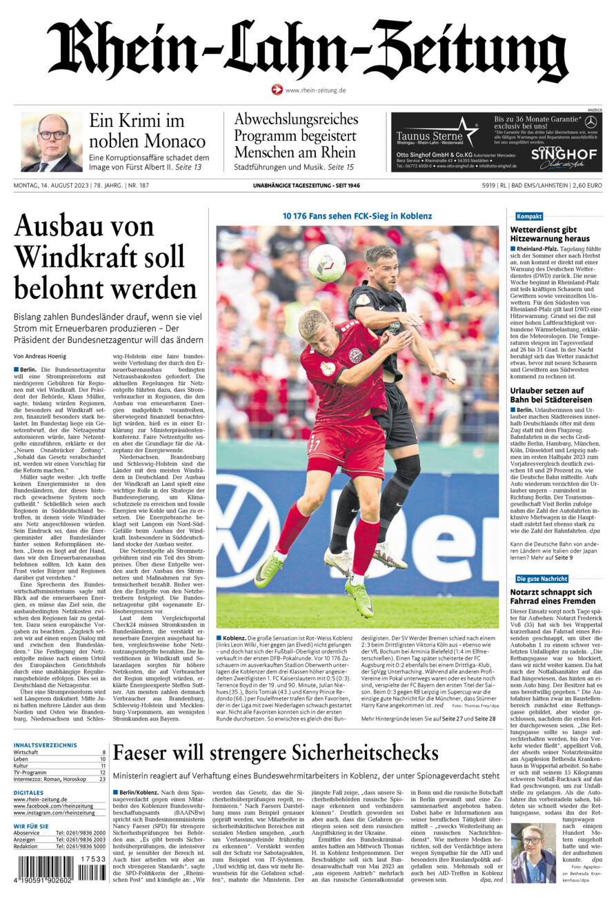 Rhein-Lahn-Zeitung vom Montag, 14.08.2023