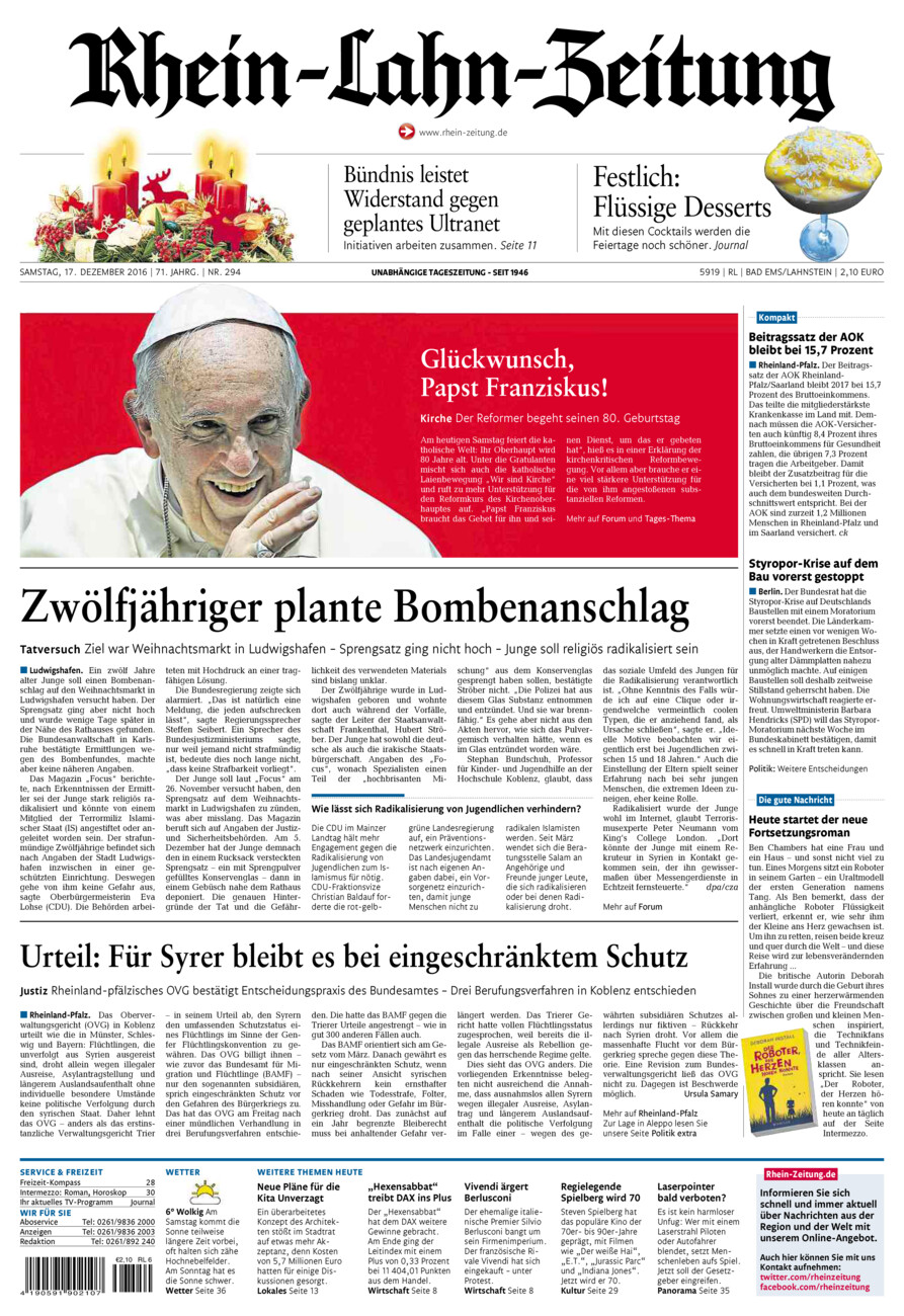 Rhein-Lahn-Zeitung vom Samstag, 17.12.2016