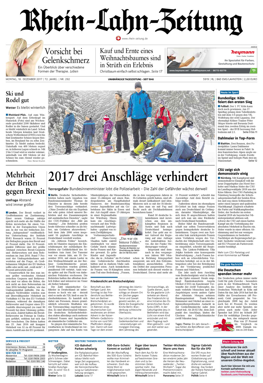 Rhein-Lahn-Zeitung vom Montag, 18.12.2017