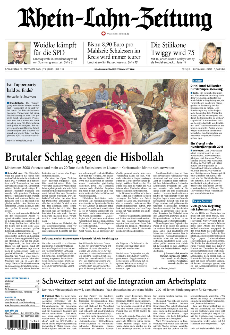 Rhein-Lahn-Zeitung vom Donnerstag, 19.09.2024