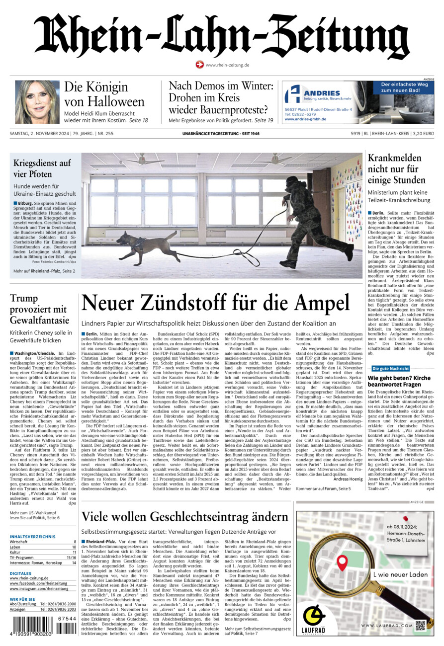 Rhein-Lahn-Zeitung vom Samstag, 02.11.2024