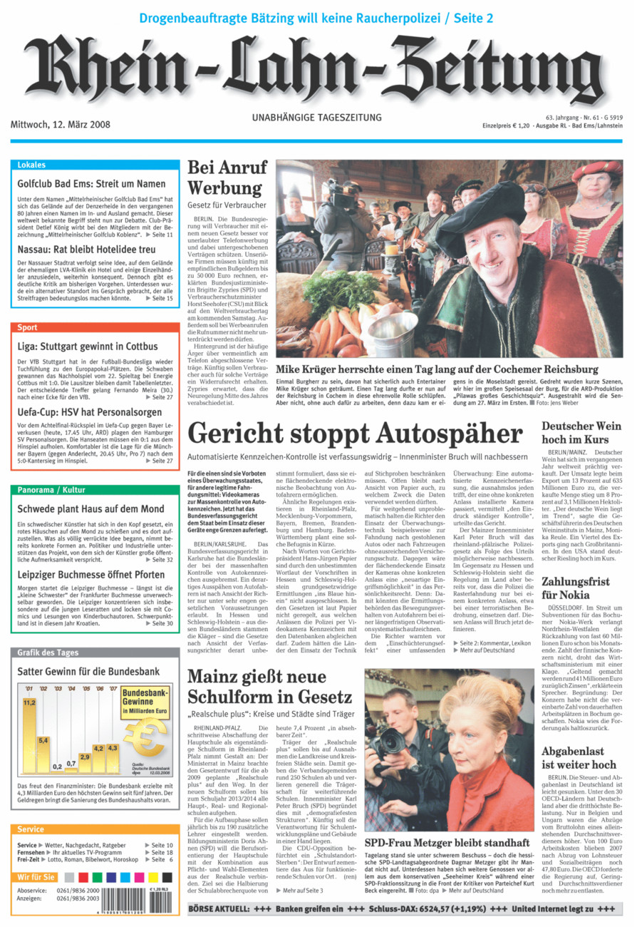 Rhein-Lahn-Zeitung vom Mittwoch, 12.03.2008